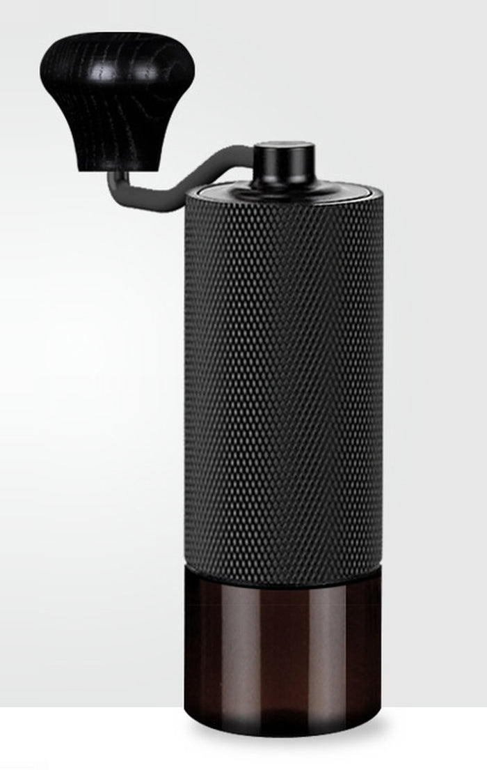 Hand-cranked coffee grinder, black body with a knurled grip and black crank knob